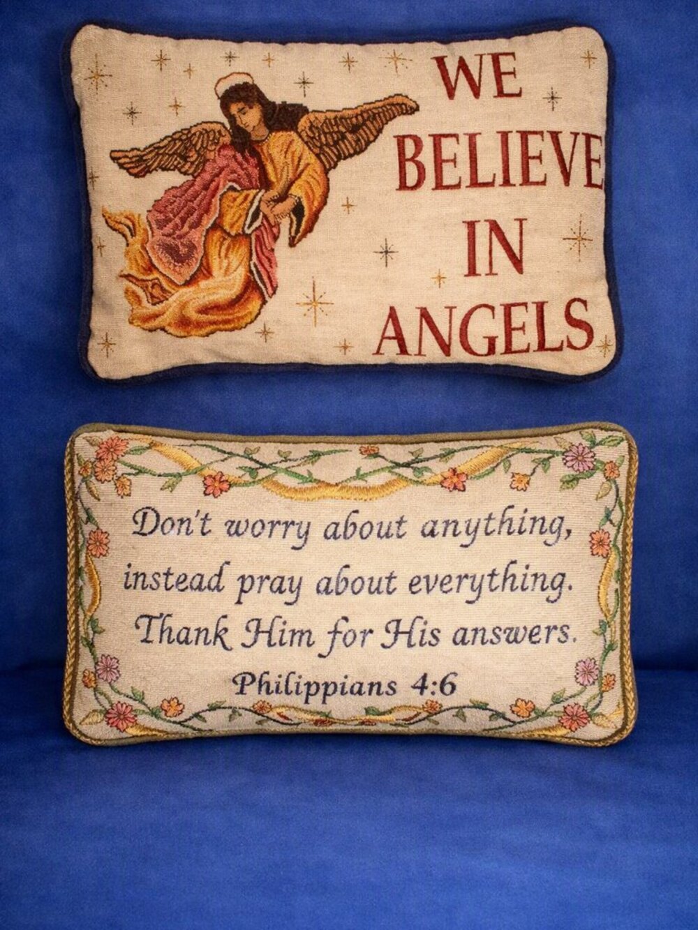 Vintage Woven Tapestry Accent Pillows Lot of 2 • Angel/Inspirational Themes